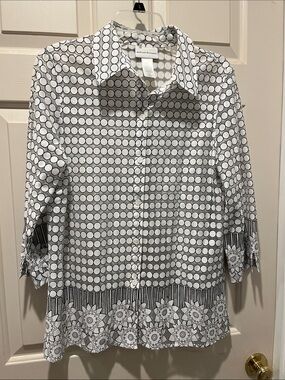 Alfred Dunner White and Black Button-Down Geometric Print Shirt